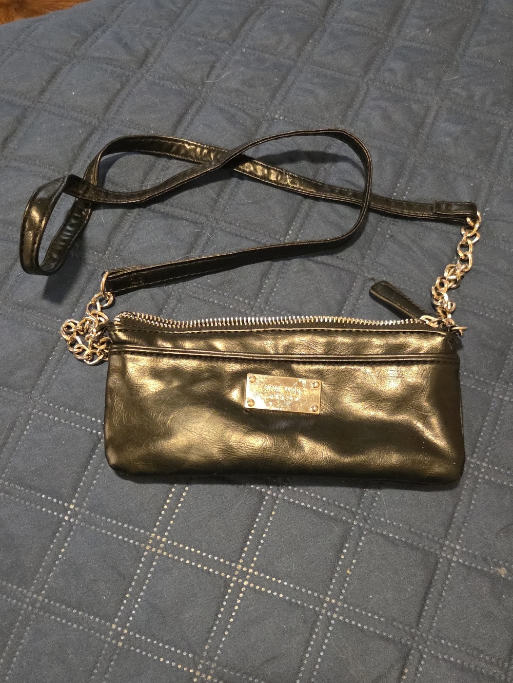 Nine West Black Leather Mini Crossbody with Gold Chain
